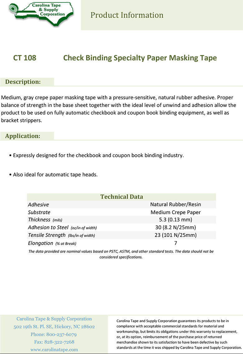 108 Check Binding Specialty Paper Masking Tape