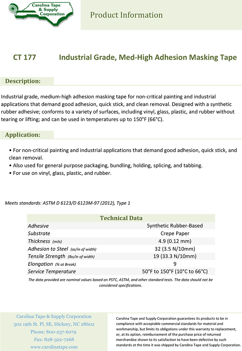 177 Industrial Grade Medium High Adhesion Masking Tape